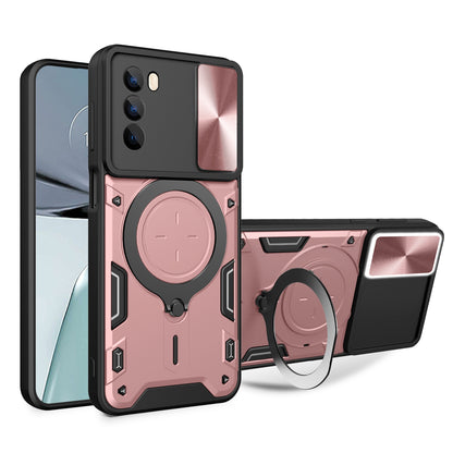 Motorola Moto G62 Magnetic Holder CD Texture Sliding Camshield Phone Case, TPU PC Shockproof Cover