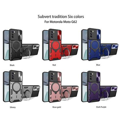 Motorola Moto G62 Magnetic Holder CD Texture Sliding Camshield Phone Case, TPU PC Shockproof Cover