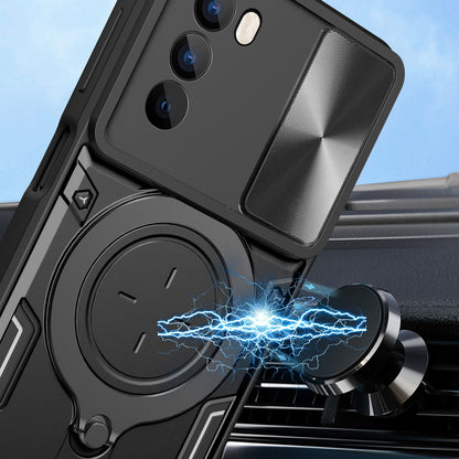 Motorola Moto G62 Magnetic Holder CD Texture Sliding Camshield Phone Case, TPU PC Shockproof Cover