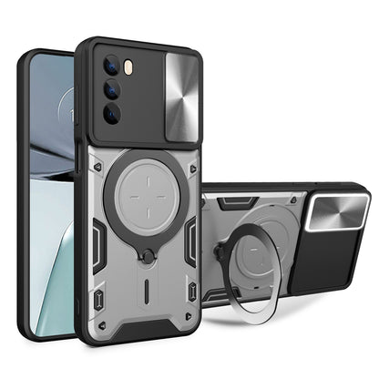 Motorola Moto G62 Magnetic Holder CD Texture Sliding Camshield Phone Case, TPU PC Shockproof Cover