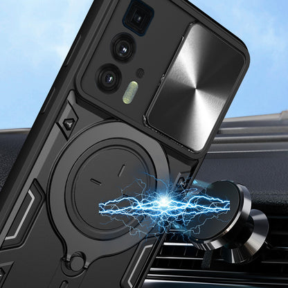Motorola Edge 20 Pro Magnetic Holder CD Texture Sliding Camshield Phone Case, TPU PC Shockproof Cover