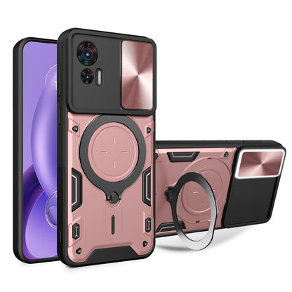 Motorola Edge 30 Neo Magnetic Holder CD Texture Sliding Camshield Phone Case, TPU PC Shockproof Cover