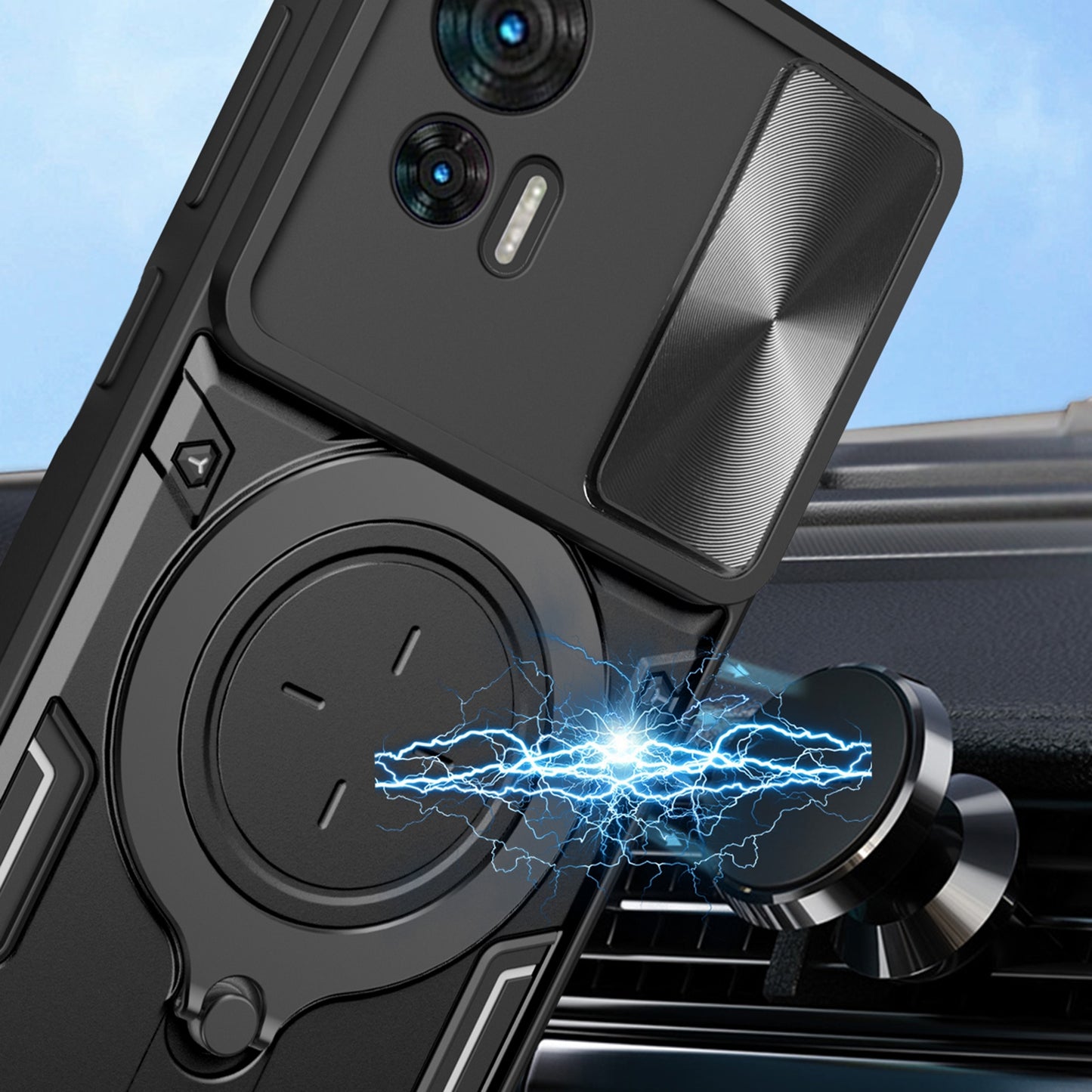 Motorola Edge 30 Neo Magnetic Holder CD Texture Sliding Camshield Phone Case, TPU PC Shockproof Cover