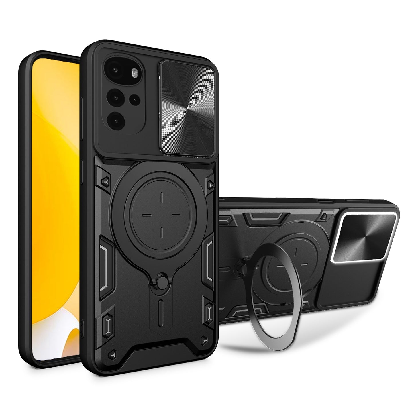 Motorola Moto E32 Magnetic Holder CD Texture Sliding Camshield Phone Case, TPU PC Shockproof Cover