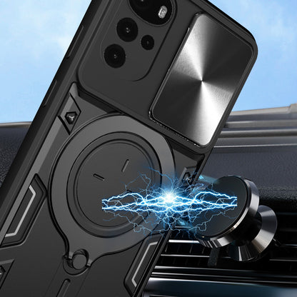 Motorola Moto G22 Magnetic Holder CD Texture Sliding Camshield Phone Case, TPU PC Shockproof Cover