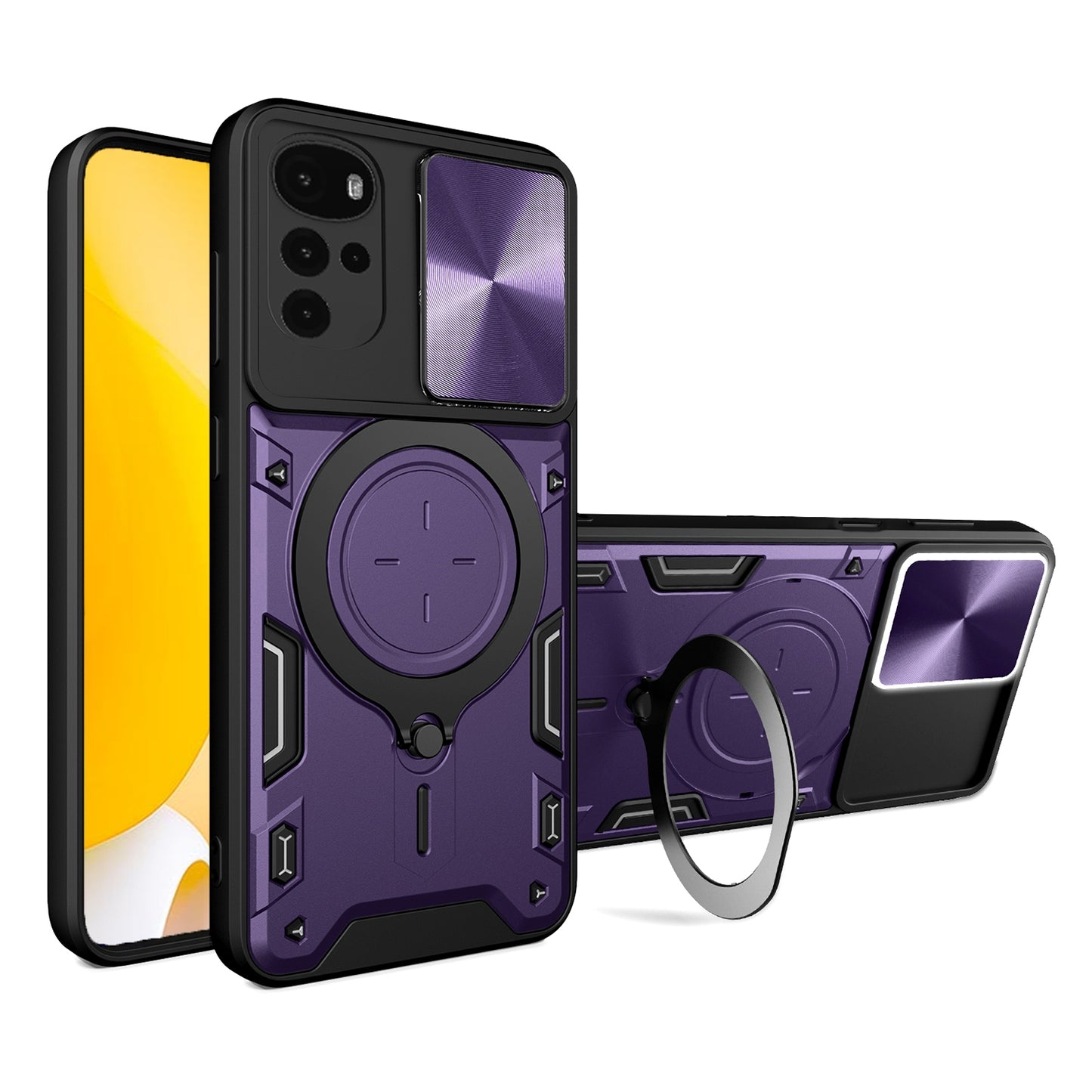 Motorola Moto E32 Magnetic Holder CD Texture Sliding Camshield Phone Case, TPU PC Shockproof Cover