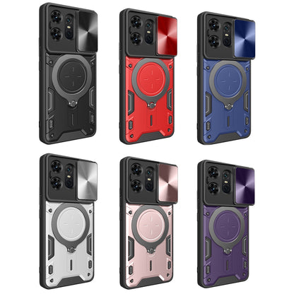 Motorola Edge 50 Pro Magnetic Holder CD Texture Sliding Camshield Phone Case, TPU PC Shockproof Cover