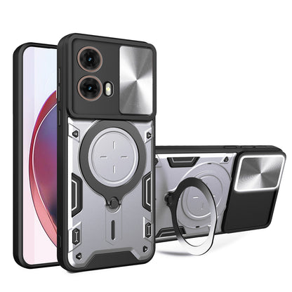 Motorola Moto G85 Magnetic Holder CD Texture Sliding Camshield Phone Case, TPU PC Shockproof Cover