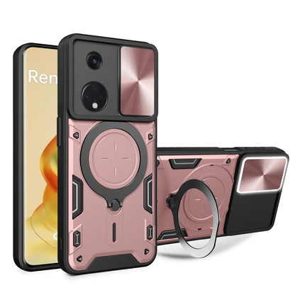 OPPO Reno8 T 5G Magnetic Holder CD Texture Sliding Camshield Phone Case, TPU PC Shockproof Cover