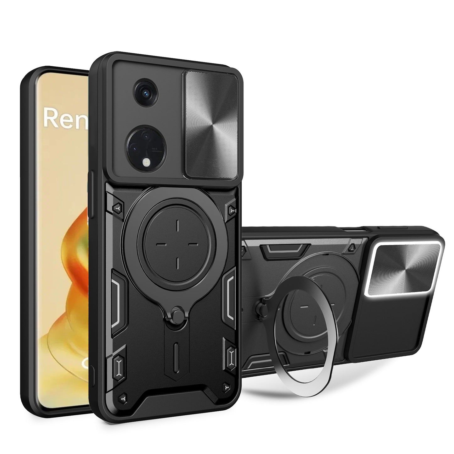 OPPO Reno8 T 5G Magnetic Holder CD Texture Sliding Camshield Phone Case, TPU PC Shockproof Cover