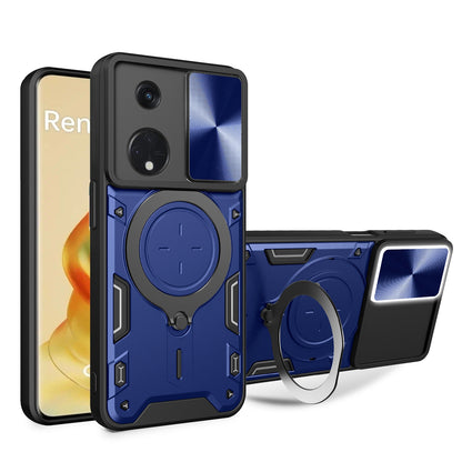 OPPO Reno8 T 5G Magnetic Holder CD Texture Sliding Camshield Phone Case, TPU PC Shockproof Cover