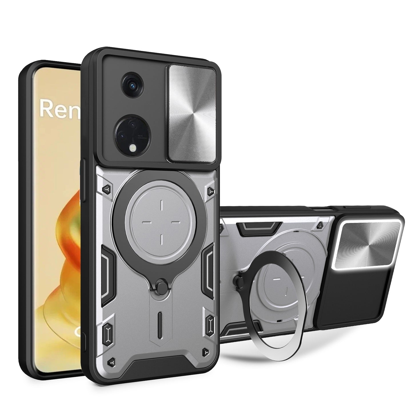 OPPO Reno8 T 5G Magnetic Holder CD Texture Sliding Camshield Phone Case, TPU PC Shockproof Cover