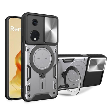 OPPO Reno8 T 5G Magnetic Holder CD Texture Sliding Camshield Phone Case, TPU PC Shockproof Cover