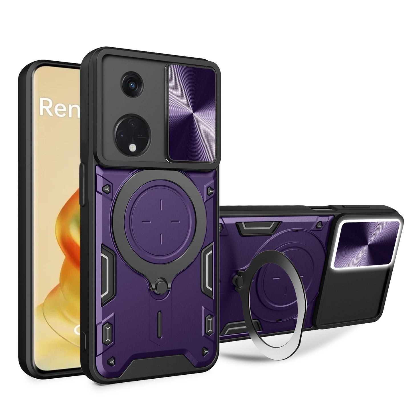OPPO Reno8 T 5G Magnetic Holder CD Texture Sliding Camshield Phone Case, TPU PC Shockproof Cover
