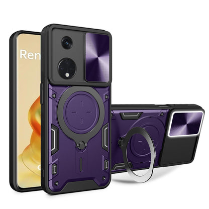 OPPO Reno8 T 5G Magnetic Holder CD Texture Sliding Camshield Phone Case, TPU PC Shockproof Cover