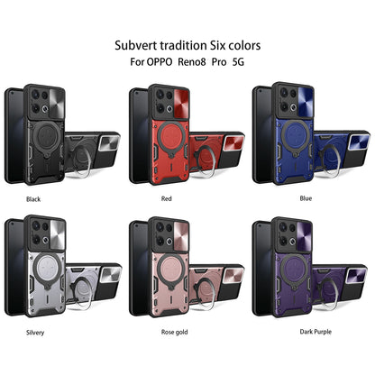 OPPO Reno8 Pro 5G Magnetic Holder CD Texture Sliding Camshield Phone Case, TPU PC Shockproof Cover