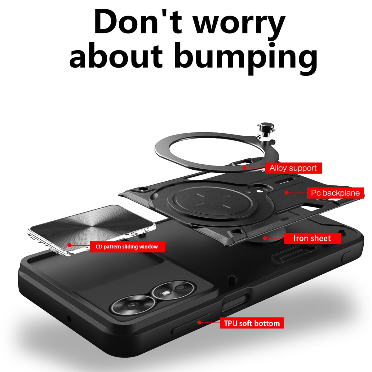 OPPO A17 4G Magnetic Holder CD Texture Sliding Camshield Phone Case, TPU PC Shockproof Cover