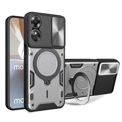 OPPO A17 4G Magnetic Holder CD Texture Sliding Camshield Phone Case, TPU PC Shockproof Cover