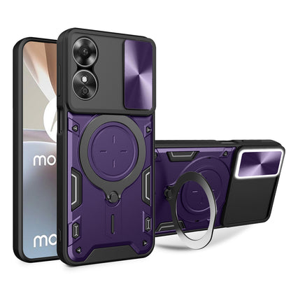OPPO A17 4G Magnetic Holder CD Texture Sliding Camshield Phone Case, TPU PC Shockproof Cover
