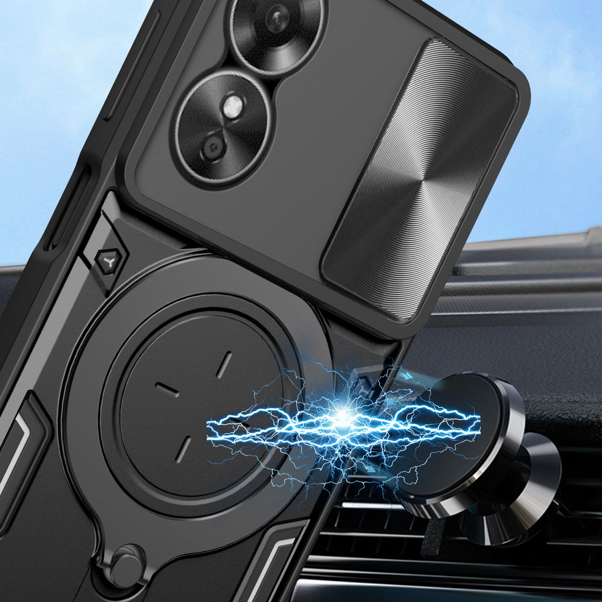 OPPO A17 4G Magnetic Holder CD Texture Sliding Camshield Phone Case, TPU PC Shockproof Cover