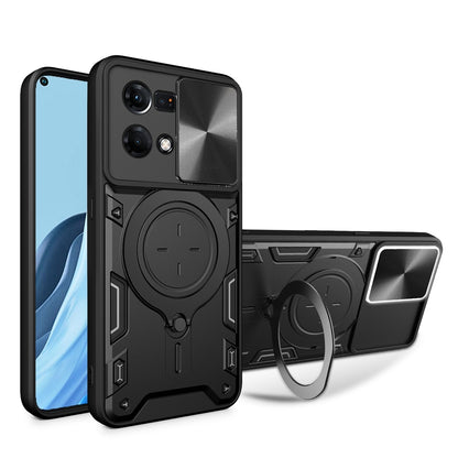 OPPO Reno7 4G Magnetic Holder CD Texture Sliding Camshield Phone Case, TPU PC Shockproof Cover