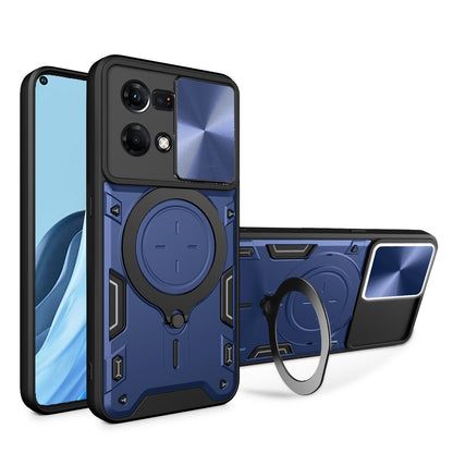 OPPO Reno7 4G Magnetic Holder CD Texture Sliding Camshield Phone Case, TPU PC Shockproof Cover