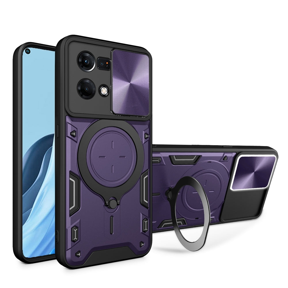 OPPO F21 Pro 4G Magnetic Holder CD Texture Sliding Camshield Phone Case, TPU PC Shockproof Cover