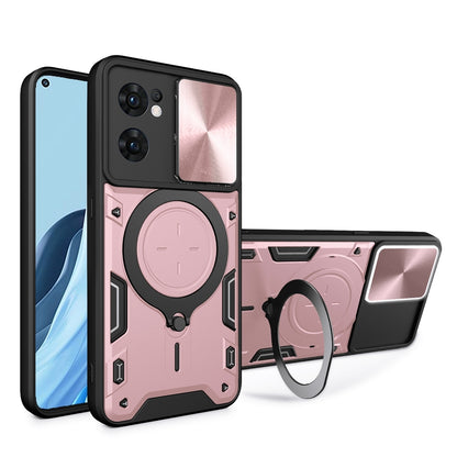 OPPO Reno7 5G Magnetic Holder CD Texture Sliding Camshield Phone Case, TPU PC Shockproof Cover