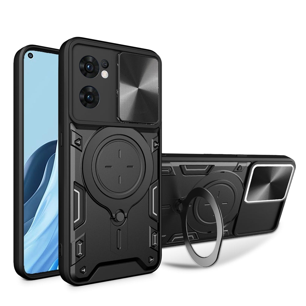 OPPO Reno7 5G Magnetic Holder CD Texture Sliding Camshield Phone Case, TPU PC Shockproof Cover