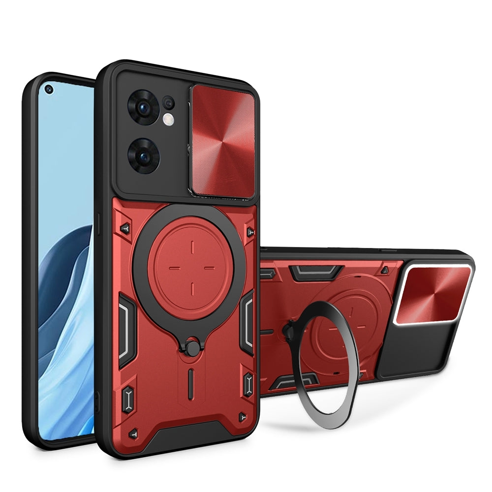OPPO Reno7 5G Magnetic Holder CD Texture Sliding Camshield Phone Case, TPU PC Shockproof Cover