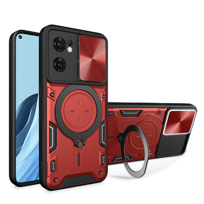 OPPO Reno7 5G Magnetic Holder CD Texture Sliding Camshield Phone Case, TPU PC Shockproof Cover