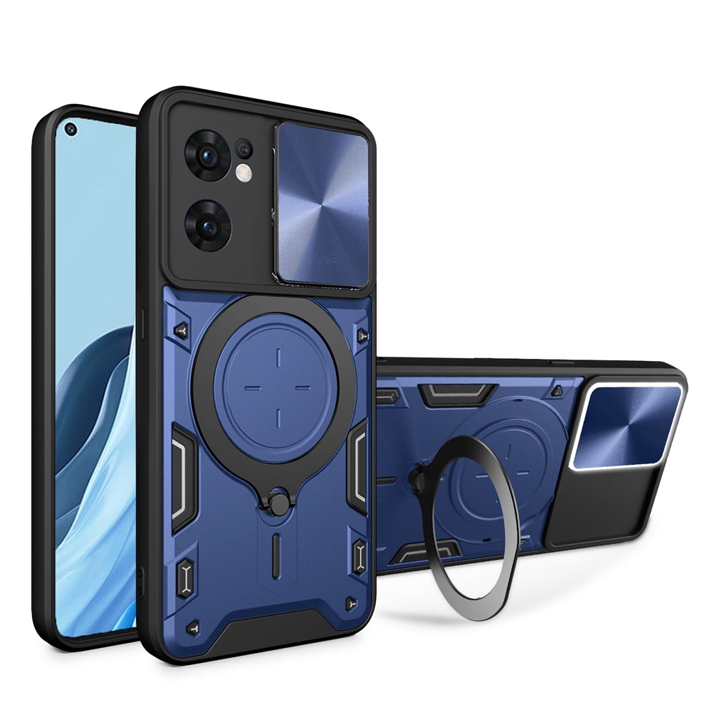 OPPO Reno7 5G Magnetic Holder CD Texture Sliding Camshield Phone Case, TPU PC Shockproof Cover