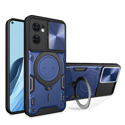 OPPO Reno7 5G Magnetic Holder CD Texture Sliding Camshield Phone Case, TPU PC Shockproof Cover