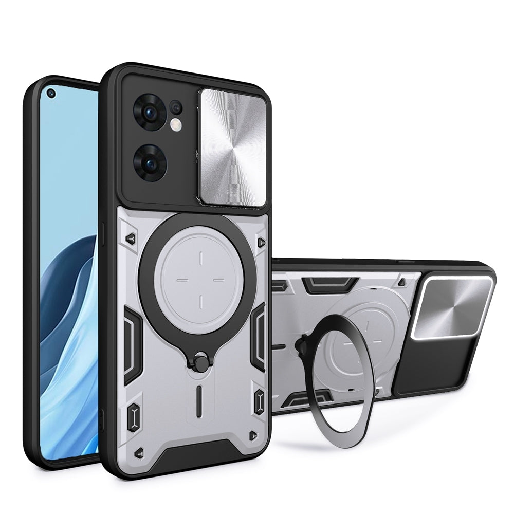 OPPO Reno7 5G Magnetic Holder CD Texture Sliding Camshield Phone Case, TPU PC Shockproof Cover