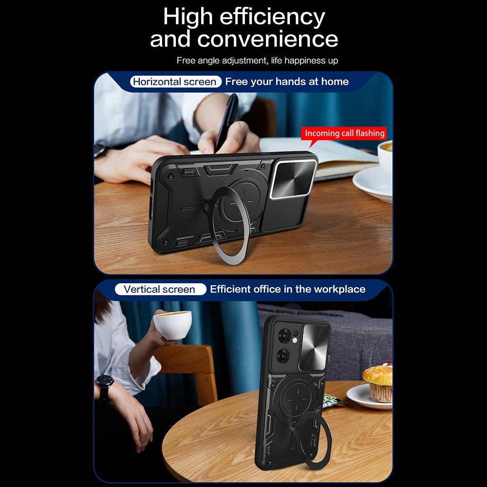 OPPO Reno7 5G Magnetic Holder CD Texture Sliding Camshield Phone Case, TPU PC Shockproof Cover