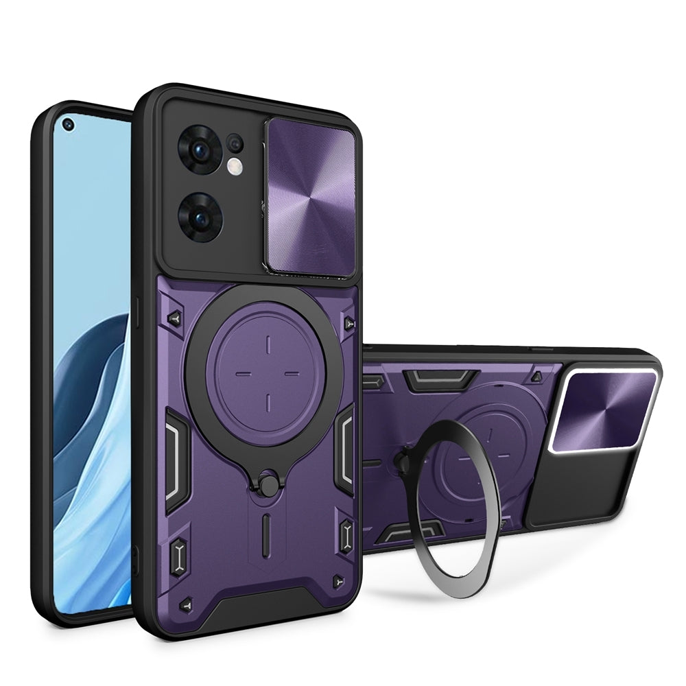 OPPO Reno7 5G Magnetic Holder CD Texture Sliding Camshield Phone Case, TPU PC Shockproof Cover