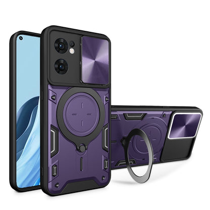 OPPO Reno7 5G Magnetic Holder CD Texture Sliding Camshield Phone Case, TPU PC Shockproof Cover