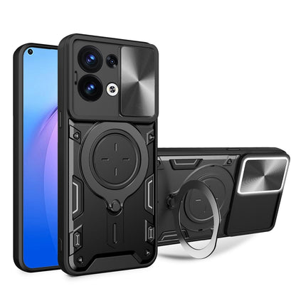 OPPO Reno8 5G Magnetic Holder CD Texture Sliding Camshield Phone Case, TPU PC Shockproof Cover