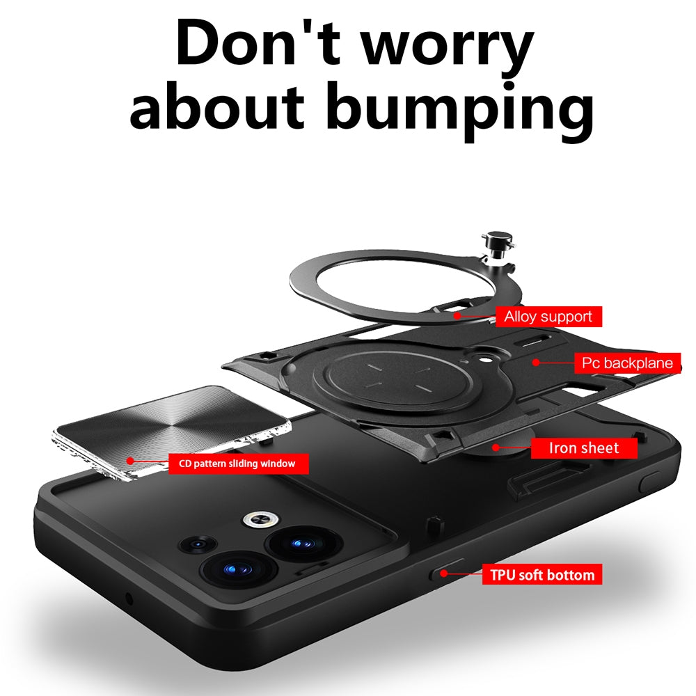 OPPO Reno8 5G Magnetic Holder CD Texture Sliding Camshield Phone Case, TPU PC Shockproof Cover