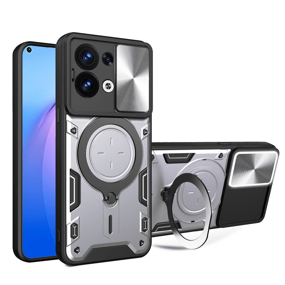 OPPO Reno8 5G Magnetic Holder CD Texture Sliding Camshield Phone Case, TPU PC Shockproof Cover