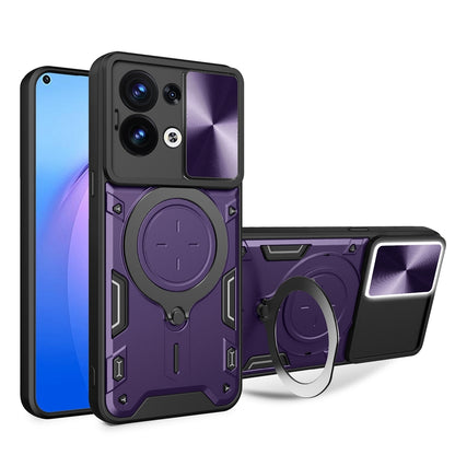 OPPO Reno8 5G Magnetic Holder CD Texture Sliding Camshield Phone Case, TPU PC Shockproof Cover