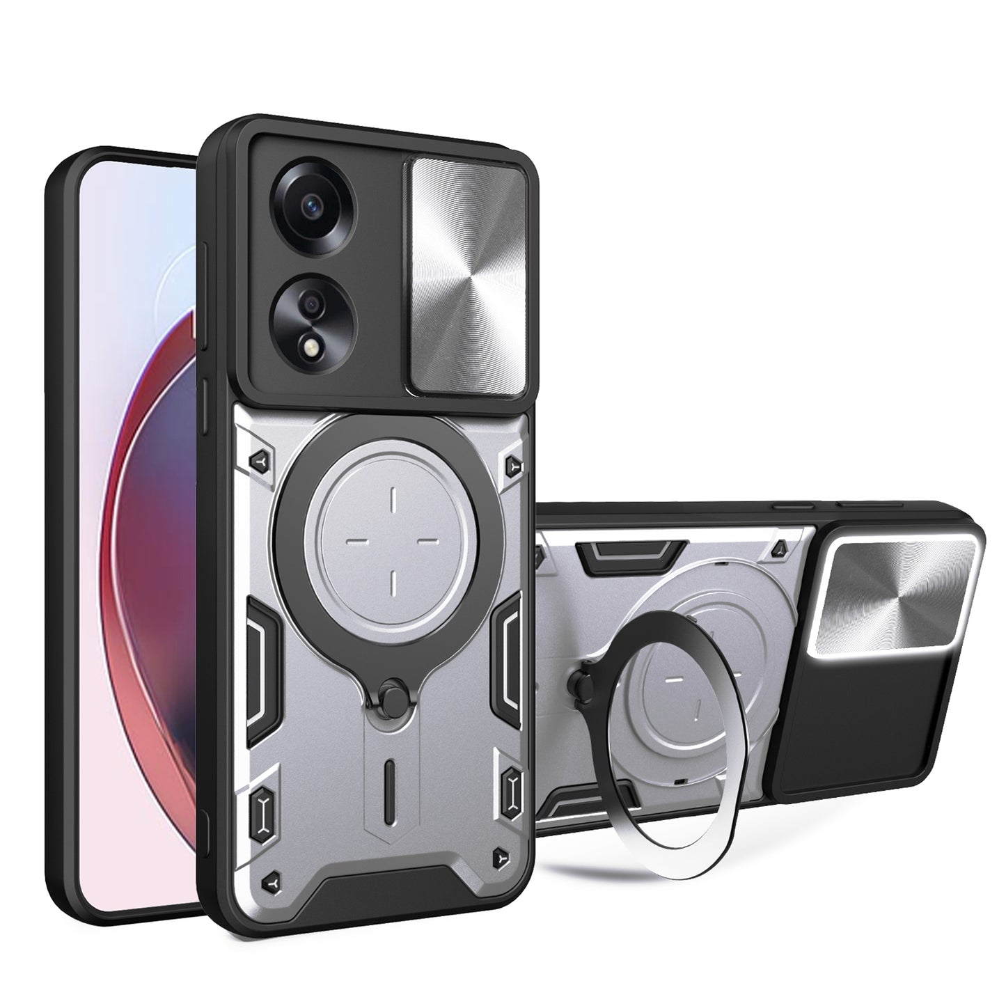 OPPO A58 4G Magnetic Holder CD Texture Sliding Camshield Phone Case, TPU PC Shockproof Cover