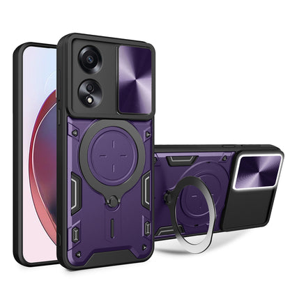 OPPO A58 4G Magnetic Holder CD Texture Sliding Camshield Phone Case, TPU PC Shockproof Cover