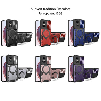 OPPO Reno10 5G Magnetic Holder CD Texture Sliding Camshield Phone Case, TPU PC Shockproof Cover