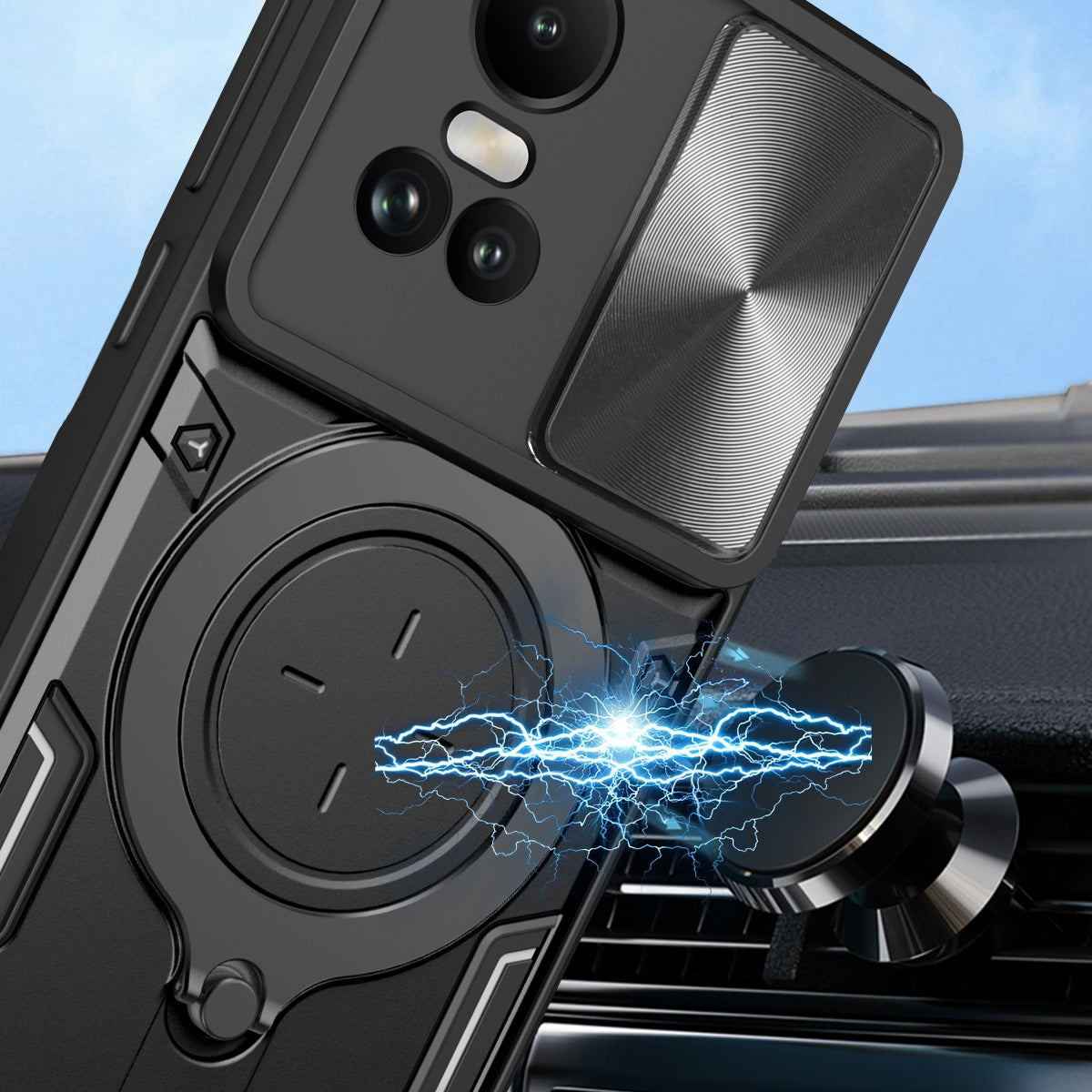 OPPO Reno10 5G Magnetic Holder CD Texture Sliding Camshield Phone Case, TPU PC Shockproof Cover