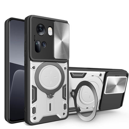 OPPO Reno11 5G Magnetic Holder CD Texture Sliding Camshield Phone Case, TPU PC Shockproof Cover