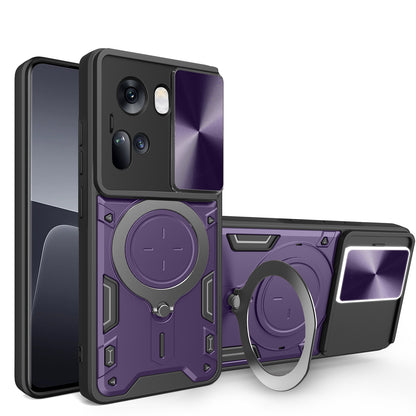 OPPO Reno11 5G Magnetic Holder CD Texture Sliding Camshield Phone Case, TPU PC Shockproof Cover