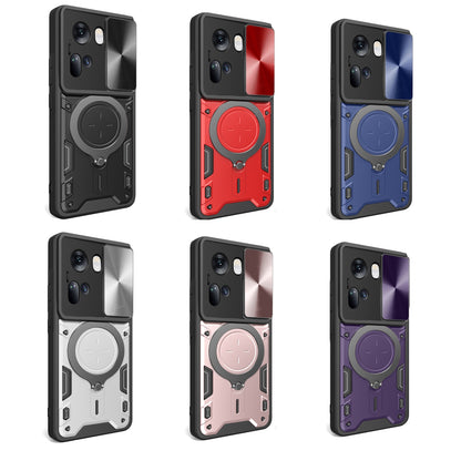 OPPO Reno11 5G Magnetic Holder CD Texture Sliding Camshield Phone Case, TPU PC Shockproof Cover