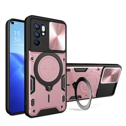 OPPO Reno 6 4G Magnetic Holder CD Texture Sliding Camshield Phone Case, TPU PC Shockproof Cover
