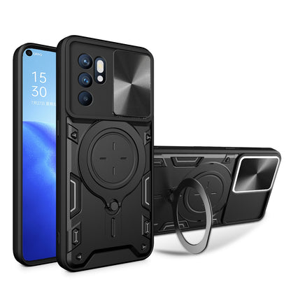 OPPO Reno 6 4G Magnetic Holder CD Texture Sliding Camshield Phone Case, TPU PC Shockproof Cover